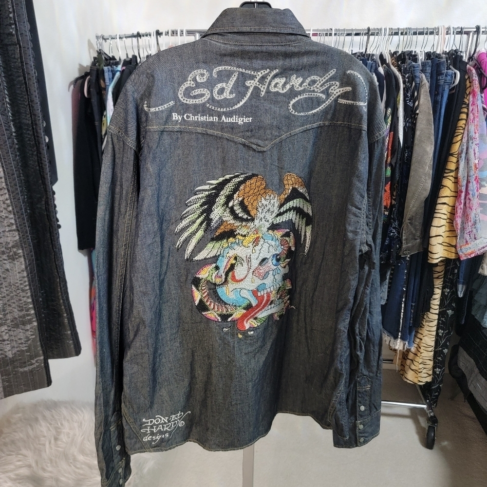 Ed Hardy Christian Audigier Denim Embroidered Skull XXL Button UP - NEW